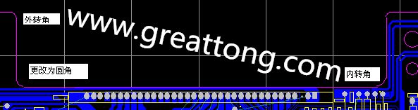 PCB設(shè)計時單面板的轉(zhuǎn)角都需為圓角，R1.0mm或R2.0mm為宜。