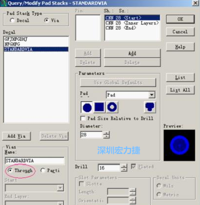 分析文件完成后，點擊菜單Setup→Pad Stacks調出焊盤堆設置窗口，將Pad Stack Type改為Via