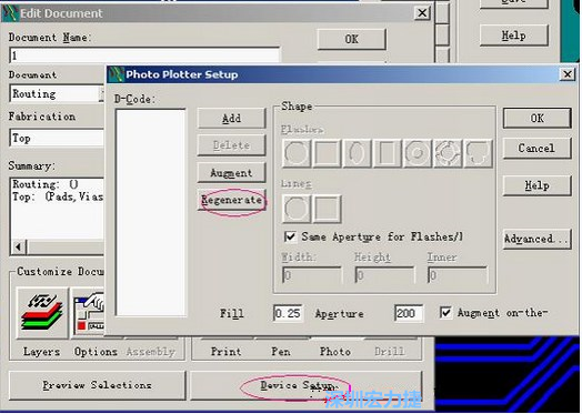 當(dāng)Gerber和鉆孔都設(shè)置完后，選擇一貼片元件較多的層（一般為Top層），點(diǎn)擊Device SetupPhoto，將 Plotter Setup窗口D-Code欄原有的D碼刪除并按Regenerate重新生成