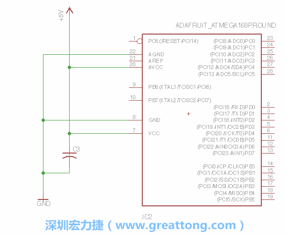 3.1.    新增微控制器晶片（RBBB → ATmega），把它放在電路原理圖的中央附近，把它的兩個(gè)接地接頭連接到接地訊號(hào)端。