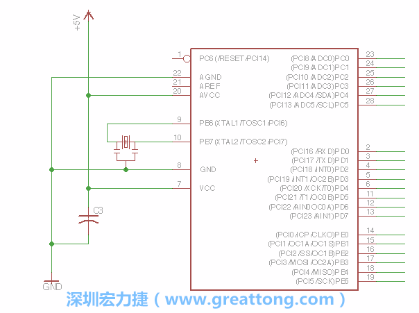 3.2.    在靠近ATmega的電源供應(yīng)針腳7的位置放置一個(gè)0.1μF的電容，將它分別連接電源、接地端和針腳7。