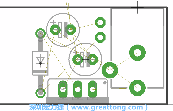 如同第一篇的步驟，我們將從電源迴路開始著手，移動電源插座（Power Jack）、電壓調(diào)整器、二極體、兩個電容和輔助接頭JP1到如上圖所示的位置。