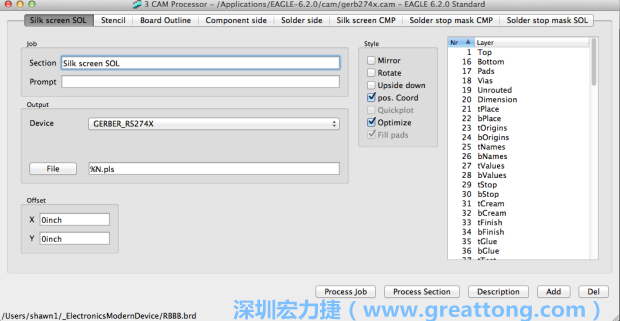 假如你有匯入點(diǎn)陣圖圖層（抑或是有某個(gè)圖層是你不想要它們出現(xiàn)在絲印上的），請(qǐng)?jiān)俅未_認(rèn)標(biāo)簽列下面被指定的圖層都是正確無(wú)誤的。