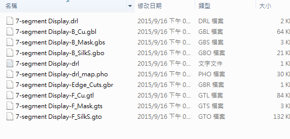 所謂Gerber檔，其實(shí)是包含一群檔案 (如下圖所示)，如包含正反面銅箔層 F.Cu B.Cu.，正反面文字面 F.Silkscreen ，B.Silkscreen，防焊層 SolderMask、板邊裁切Edge.Cuts 等。