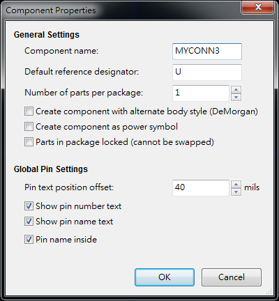 按下工具  "Create a new component"， 出現(xiàn)底下畫面， 按下OK后， 產(chǎn)生MYCONN3/U? 文字重迭在一在， 把它們分開(用mouse選擇并按下"M"， 即可移動)