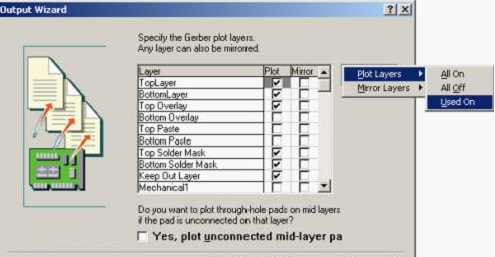 按“Next”，點(diǎn)擊“Menu”將Plot Layers置為Used On，Mirror Layers置為All Off后按“Next”